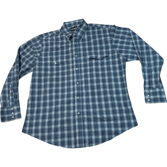 Wrangler Peral Snap Western Shirt Mens XL Navy Plaid Chest Pockets Long Sleeve - Picture 1 of 7